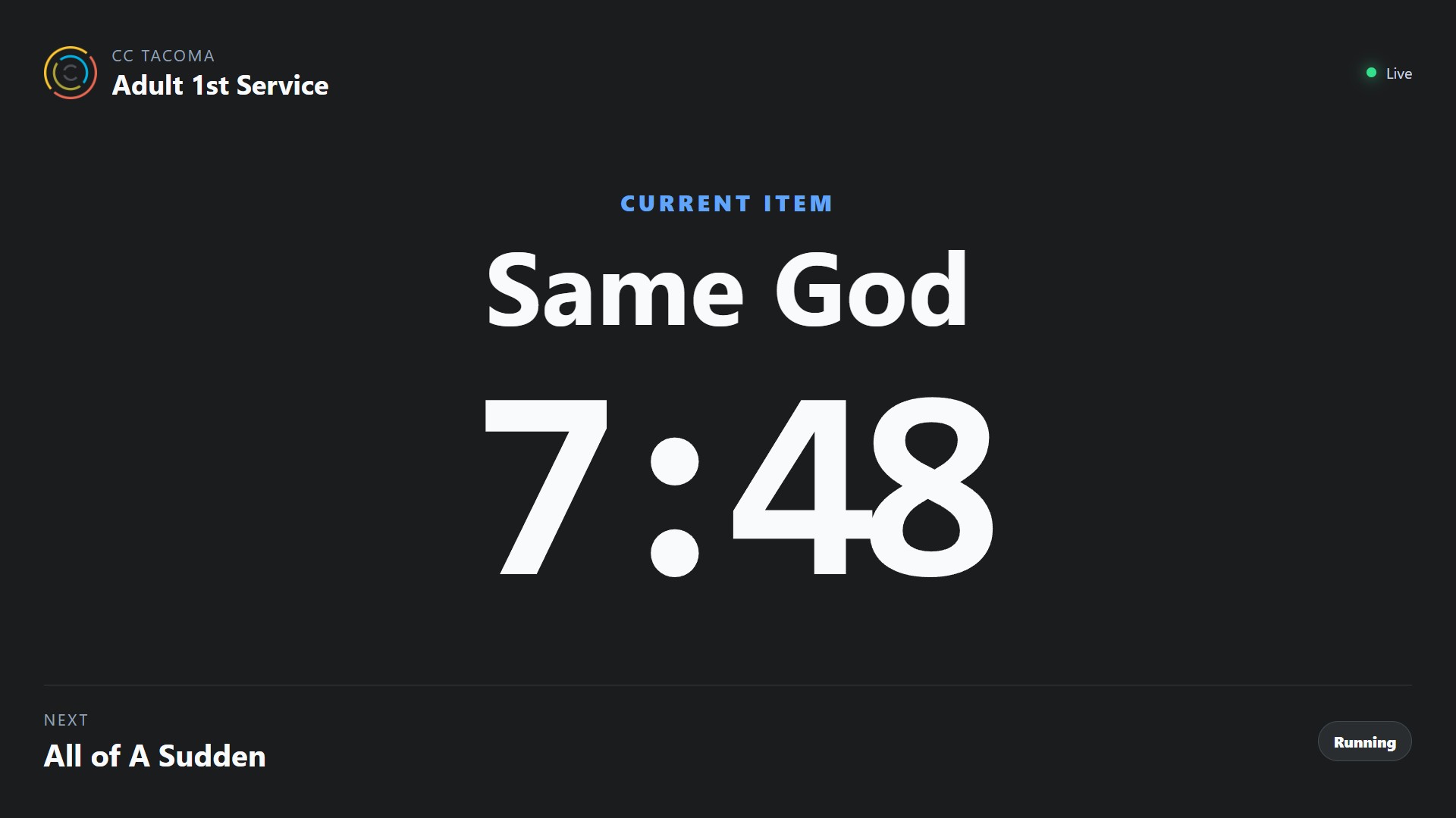ServiceTimer Display View showing a live production timer