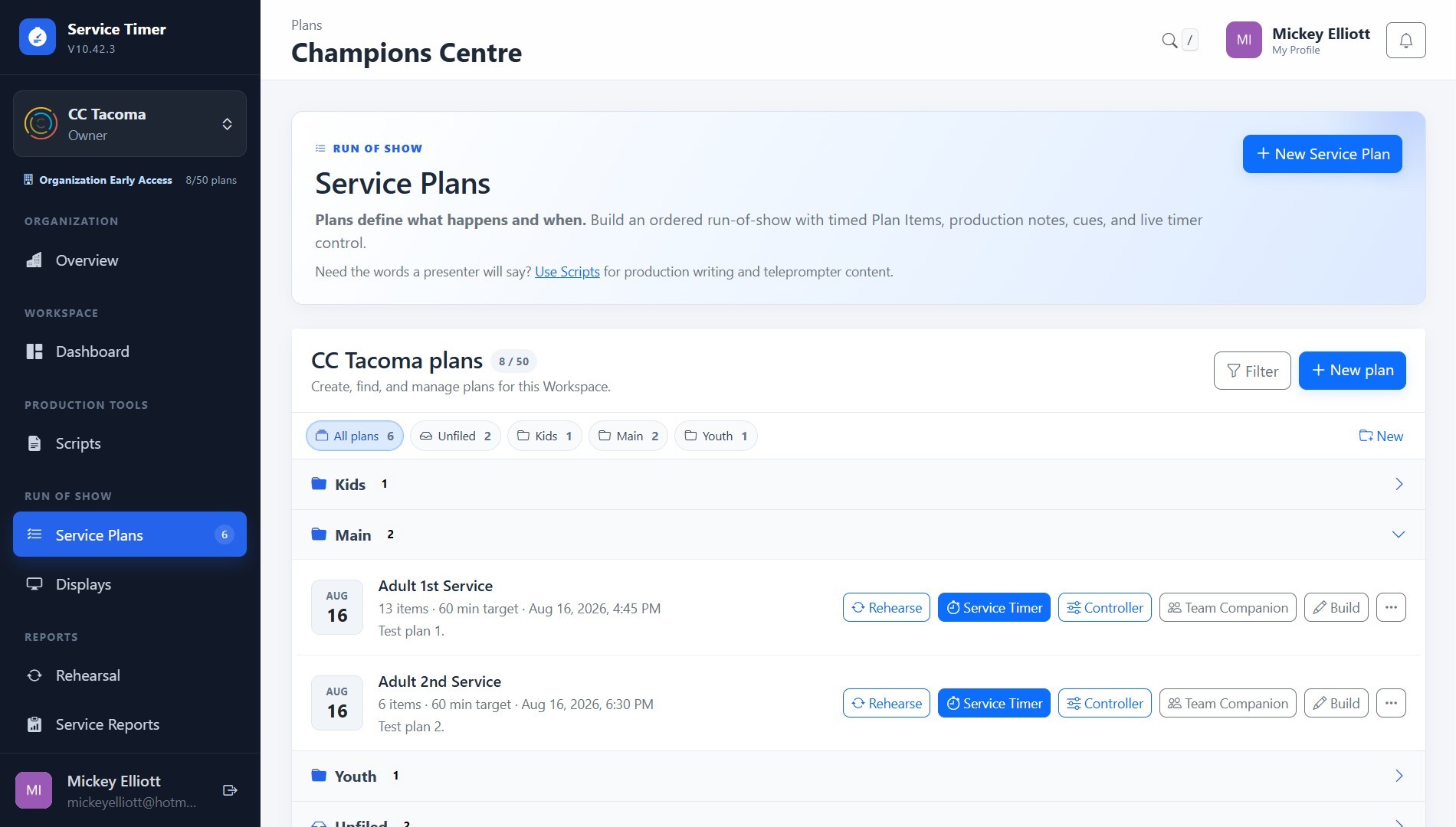 ServiceTimer Service Plans used to prepare a live production