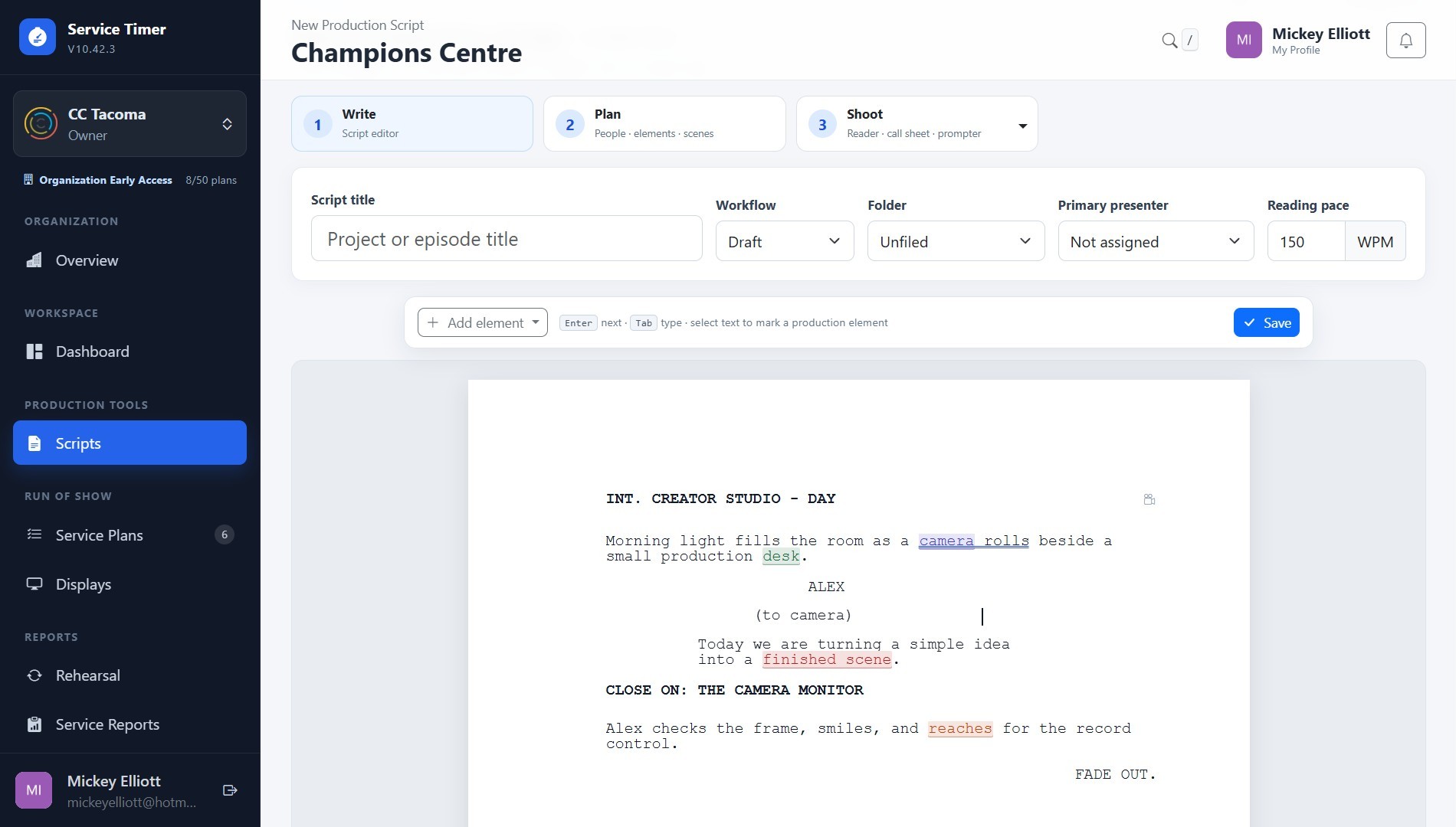 ServiceTimer Script editor for production writing and Prompter content